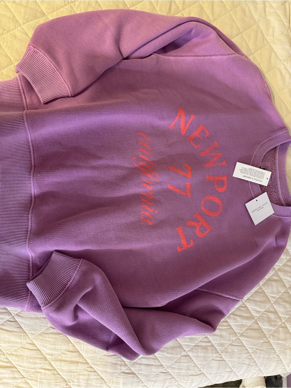 American Eagle Outfitters Purple Crewneck with Coral NEWPORT 77 Graphic